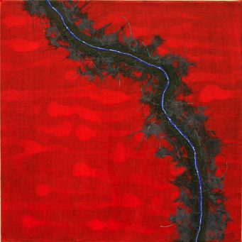 Abstract with red background and a black, flowing line over it.