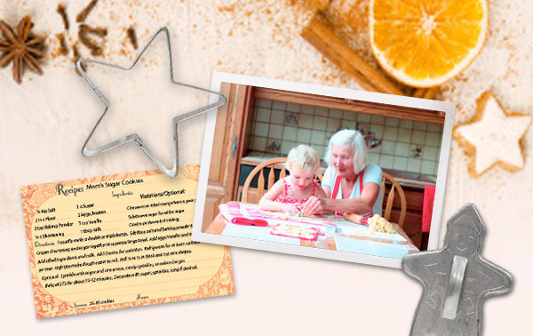 Snapshot of grandmother and grandchild making cookies next to a handwritten recipe and cookie cutters