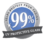 Tru Vue seal that says: 99% UV protective glass helps protect from fading