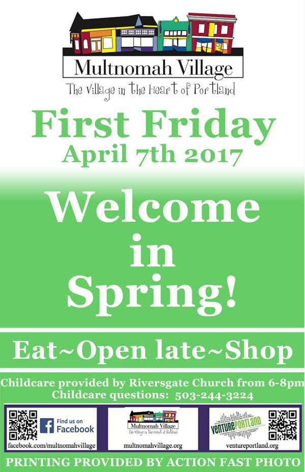 First Friday Poster: Eat, Open Late, Shop in Multnomah Village