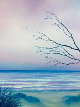 Watercolor of blue, pink, and gray pastel ocean and sky framed by a few naked tree branches emerging from right side and rocky coastline in the foreground