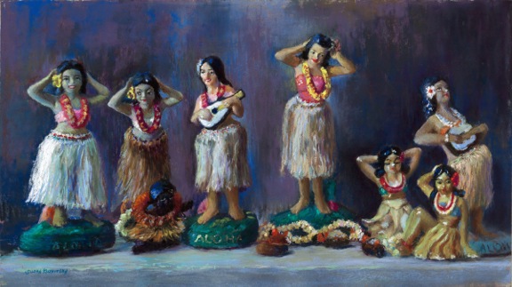 Painting of row of hula girl figurines