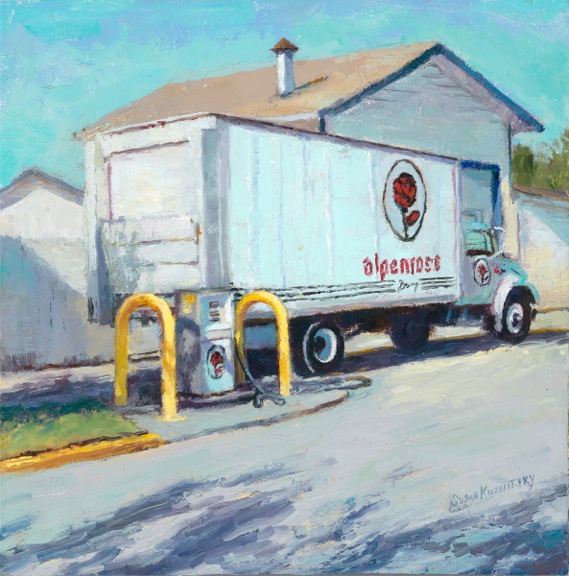 Painting of Alpenrose truck pulling away from Alpenrose gas station