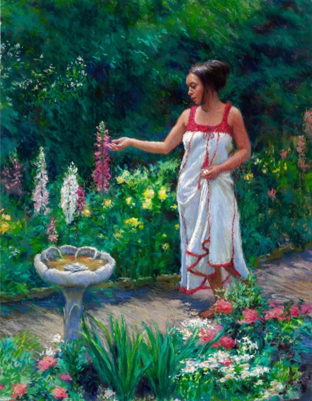 Painting of beautiful woman examining foxglove blooms next to birdbath in flower garden