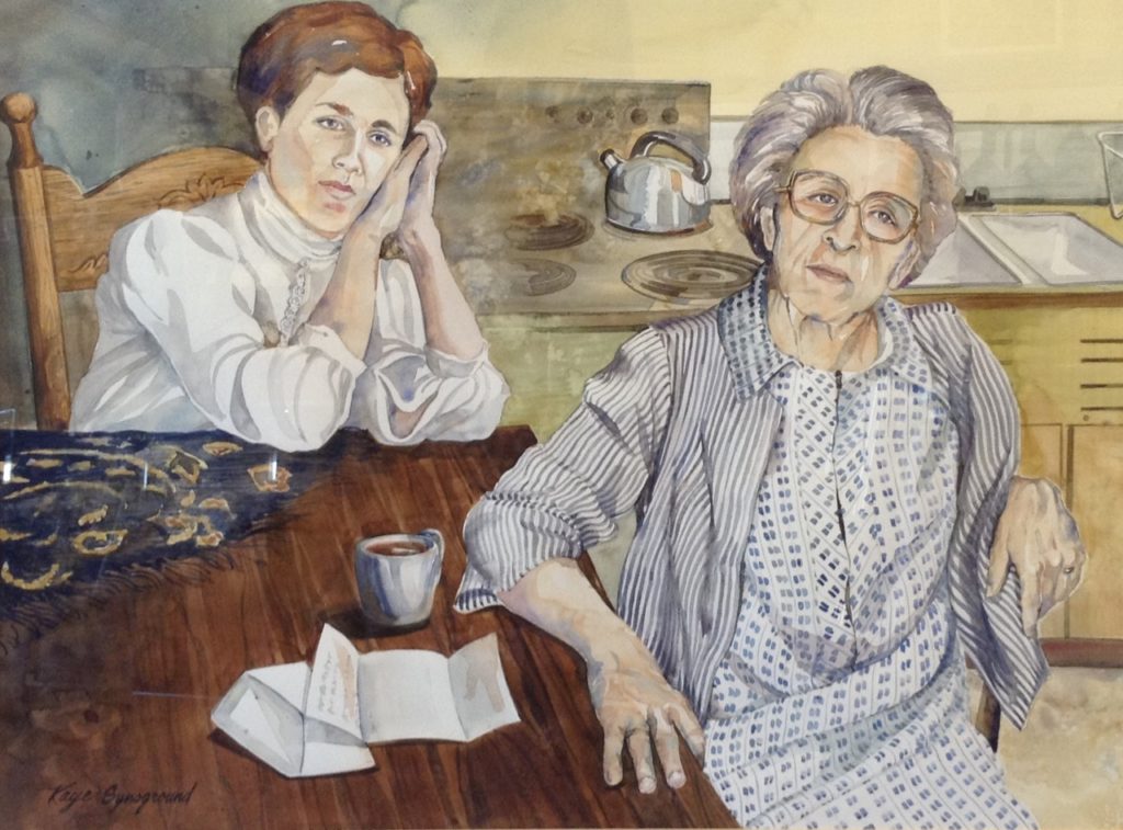 Painting of older woman and younger woman sitting at a table. There is a letter on the table and both women seem to be deep in thought over it.