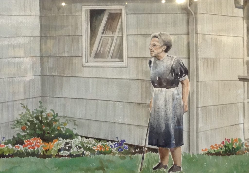 Painting of elderly woman standing outside house