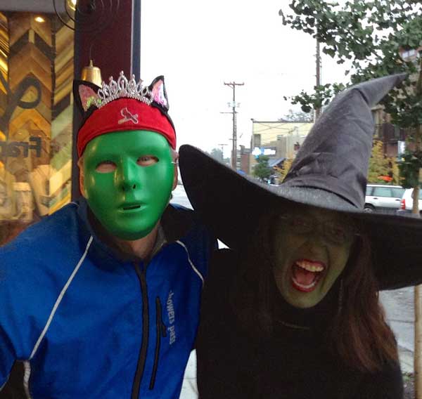 Scott and Beth in Halloween costumes. Beth is dressed as Ephelba the witch.