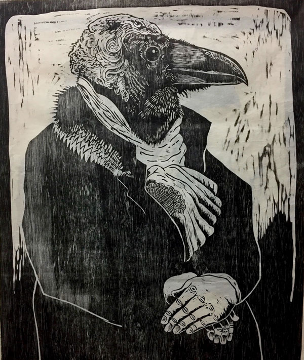 Black and white print of raven wearing a jacket and cravat