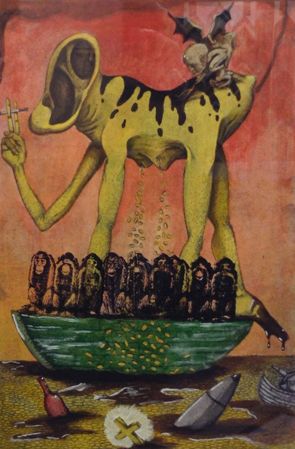 Fantastical creature with ears for head. The creature is smoking a cigarette. It towers above a rowboat full of monkyes that have their ears, eyes, or mouths covered. The water around them is littered with wine bottles, bombs, and crosses. There is a demon on the fantastical creature's back.