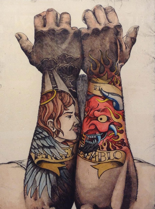 Two arms, one with an angel tattoo, one with a devil tattoo. The arms are held up so the angel and devil are face to face.