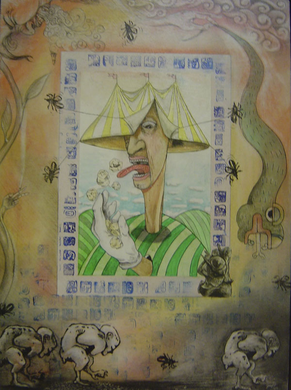 Poster painted on a wall depicts a very skinny man with a circus tent for a hat. He is eating popcorn. Around him is a snake, insects, and fantastical creatures, also painted on a wall.