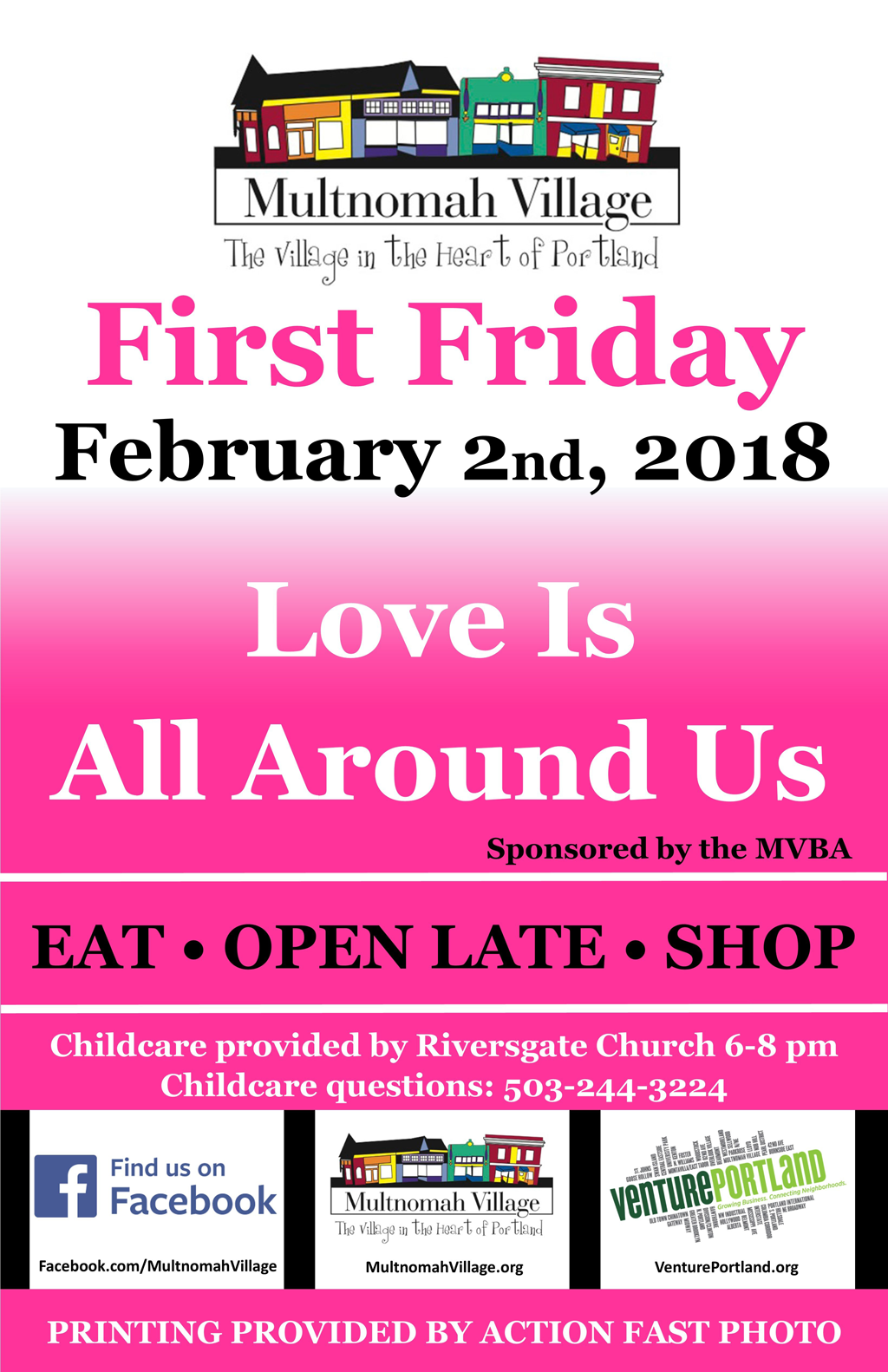 Poster: First Friday February 2, 2018 in Multnomah Village. Eat, Open Late, Shop