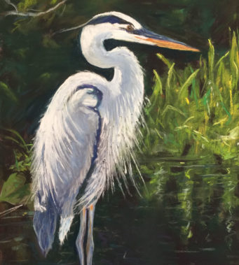 Pastel drawing of Great Blue Heron standing at the edge of a body of water surrounded by grass.