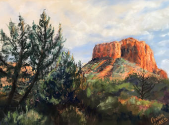 Pastel of Bell rock framed by trees.