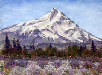 Mountain rising above a field of lavender