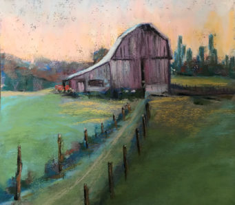 Pastel drawing of old barn at the end of a curving road at sunset.