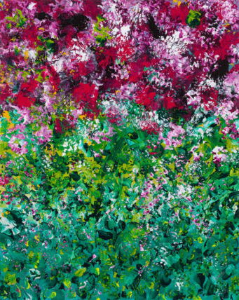 Painting of blooming flowers in a green yard