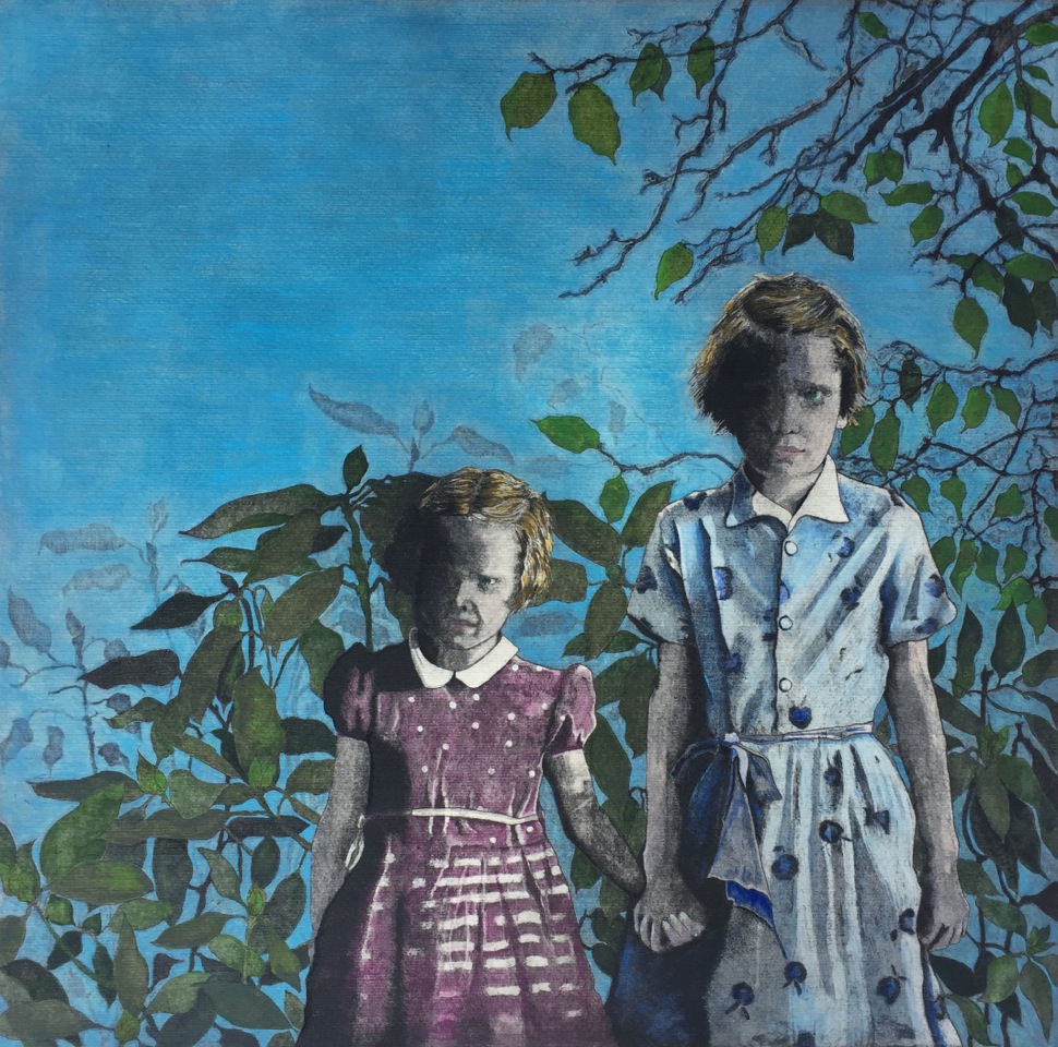 Two young girls in colorful dresses standing in front of an apple tree. They are holding hands. Their faces look serious, perhaps even angry.