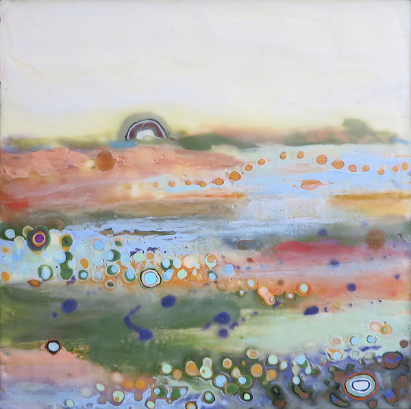 Pastel landscape with an orb rising at the horizon