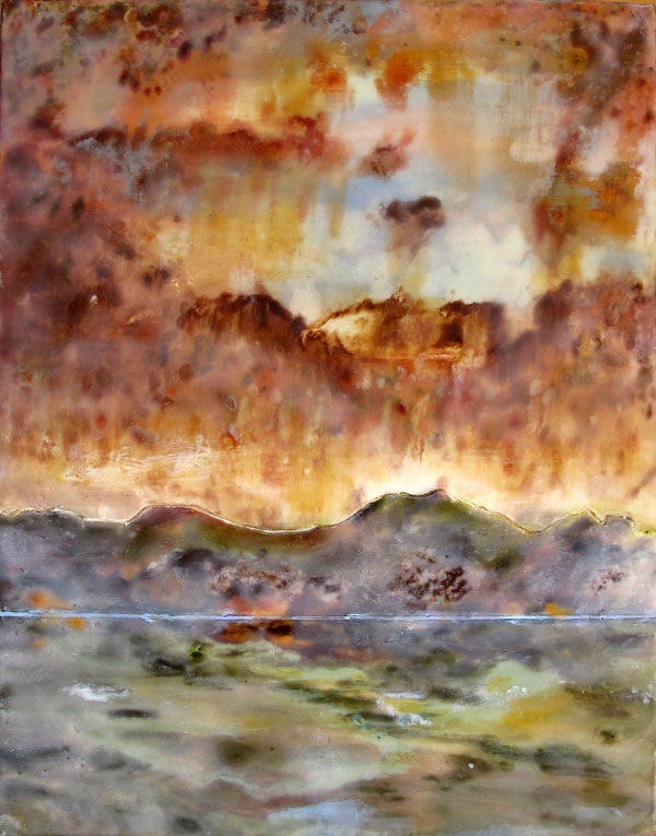 Encaustic painting of body of water, mountains rising up behind it and a stormy, rusty sky